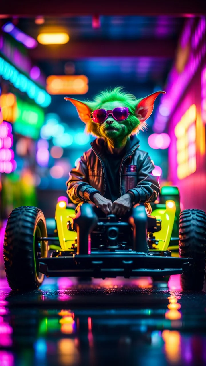 portrait of clone Hairy Gremlin myth buster pimp ninja yoga cyber punk in drifting hipster lawn tractor parked in dark neon lit reflective wet arcade hall tunnel,bokeh like f/0.8, tilt-shift lens 8k, high detail, smooth render, down-light, unreal engine, prize winning