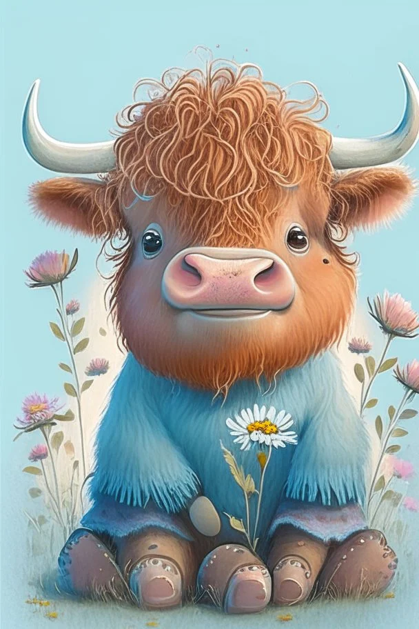 Adorable cute happy baby scottish highland cow with dreamy eyes, sitting down and holding a flower, nursery art, very rendered polished Perfect, smooth edges, flawless Facial Features, Stunning, Whimsical Fantasy, Cute, Highly Detailed, Well Rendered, cartoon, illustration