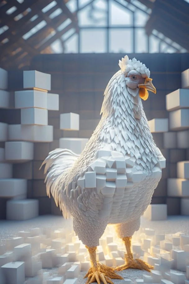 chicken in a farm made out of identical, same-sized cubes, full body portrait, full white, meticulously intricate perfectly symmetrical extremely detailed, full body and melting details, dramatic pose, portrait, pixiv daily ranking, pixiv, extreme depth of field, artstation, sculpture style, spectacular details, volumetric lighting, masterpiece, cinematic, Hollywood production, 8k resolution high definition, max octane render, vivid colors, max resolu