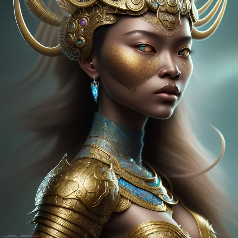 Sango fantasy, fantasy magic, intricate, sharp focus, illustration, highly detailed, digital painting, concept art, matte, art germ and Paul Lewin and Kehinde Wiley, masterpiece Indonesian lady head bronze tiger Asian African girl nice breast Hawaiian hair turquoise silver waves