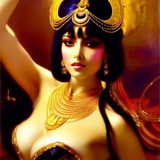 Drawing of beautiful face extra busty cleopatra,pet tiger,river,piramid,maid servant, balanciaga fashion clothe painting by gaston bussiere, greg rutkowski, yoji shinkawa, yoshitaka amano, tsutomu nihei, donato giancola, tim hildebrandt, oil on canvas, cinematic composition, extreme detail,fit full head inside picture,16k