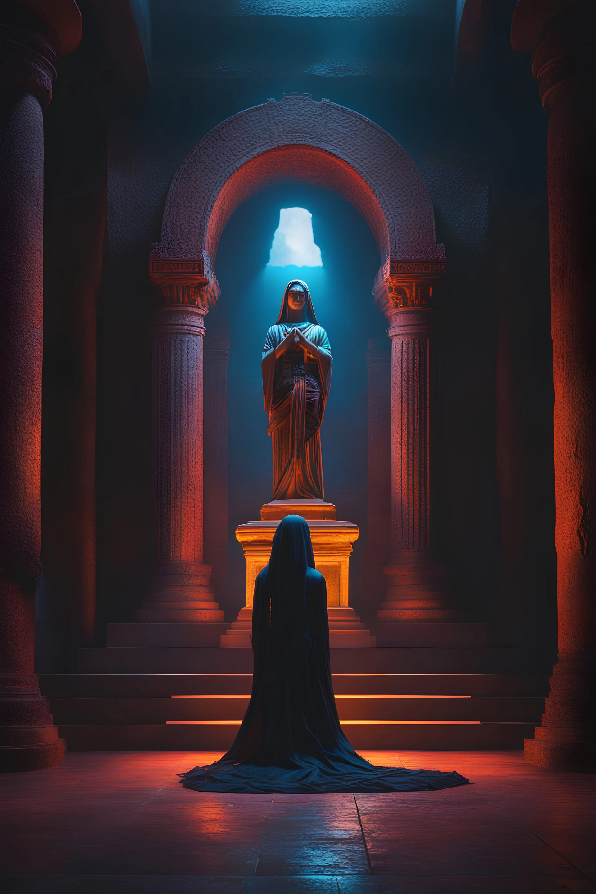 The high priestess of the god of death praying in front of a statue of the god. tomb, tome, underground, ruin, temple. black light. Cinematic lighting, Volumetric, lighting, Epic color composition, the , octane render,