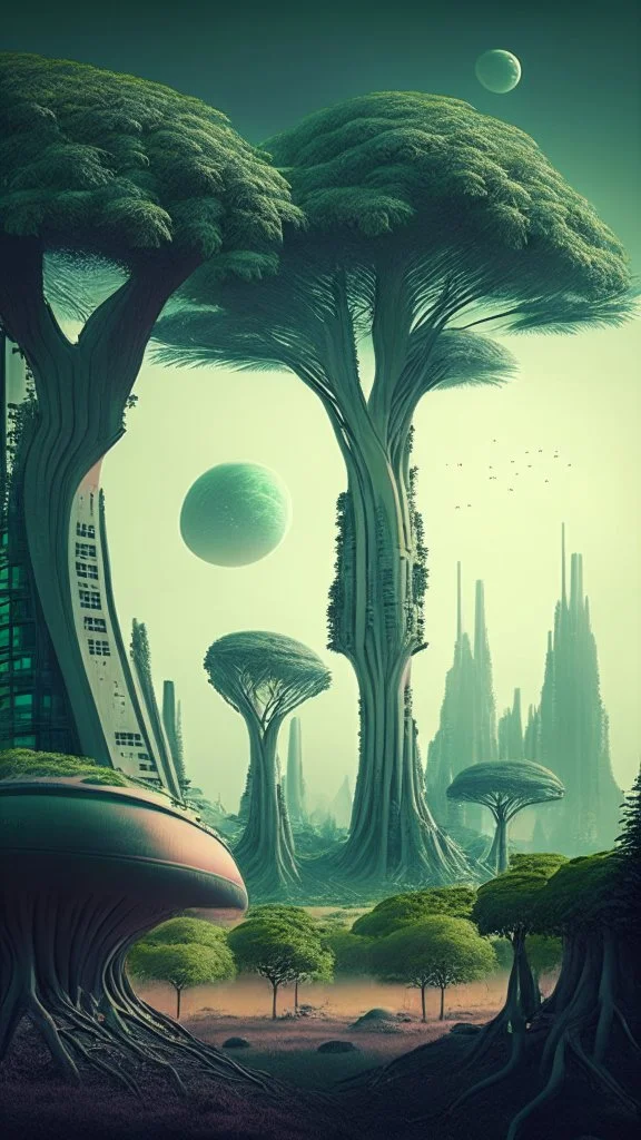 alien landscape with trees and buildings