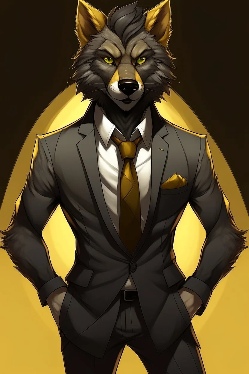 Buff, anthro, wolf, himbo, black fur, gold eyes, wearing a suit, full-body