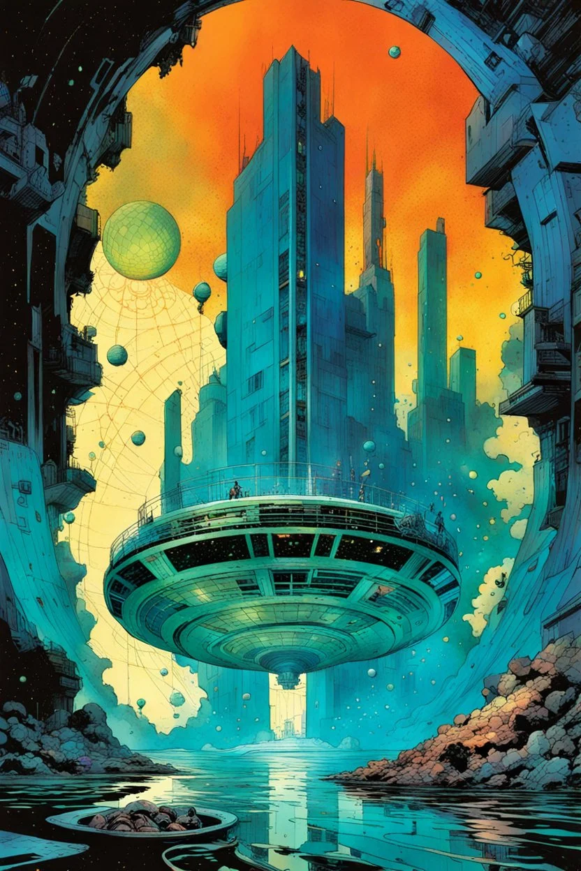 create a wildly abstract and chaotic illustration of an inter-dimensional portal to the highly detailed lost antediluvian civilization of Atlantis, utilizing fluid organic shapes, in the comic book art style of Bill Sienkiewicz, Mike Mignola, and Jean Giraud Moebius, finely textured, drawn, colored, and inked