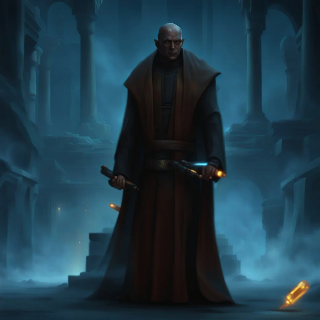 star wars bald male corellian jedi pilot wearing black and gunmetal grey old republic armored robes with gold trim, alone, battle-ready Jedi Master defending a ruined ancient city surrounded by golden light, centered head and shoulders portrait, hyperdetailed, dynamic lighting, hyperdetailed background, 8k resolution, volumetric lighting, light skin, fully symmetric details