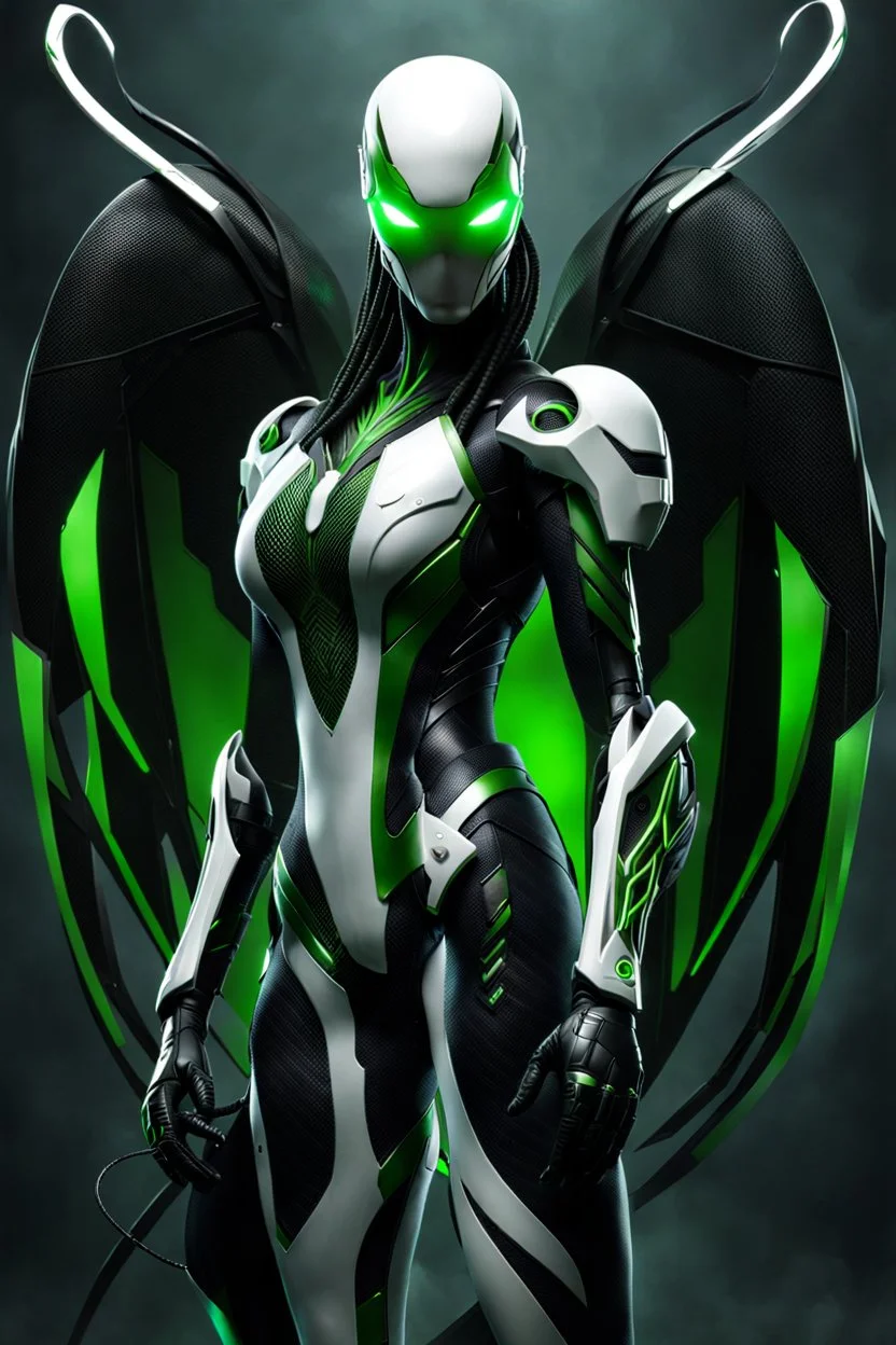 Cyborg symbiote, white color, green color, tendrils, high tech, cyberpunk, biopunk, membrane wings, carbon fiber, cyber tentacles, and the other two.