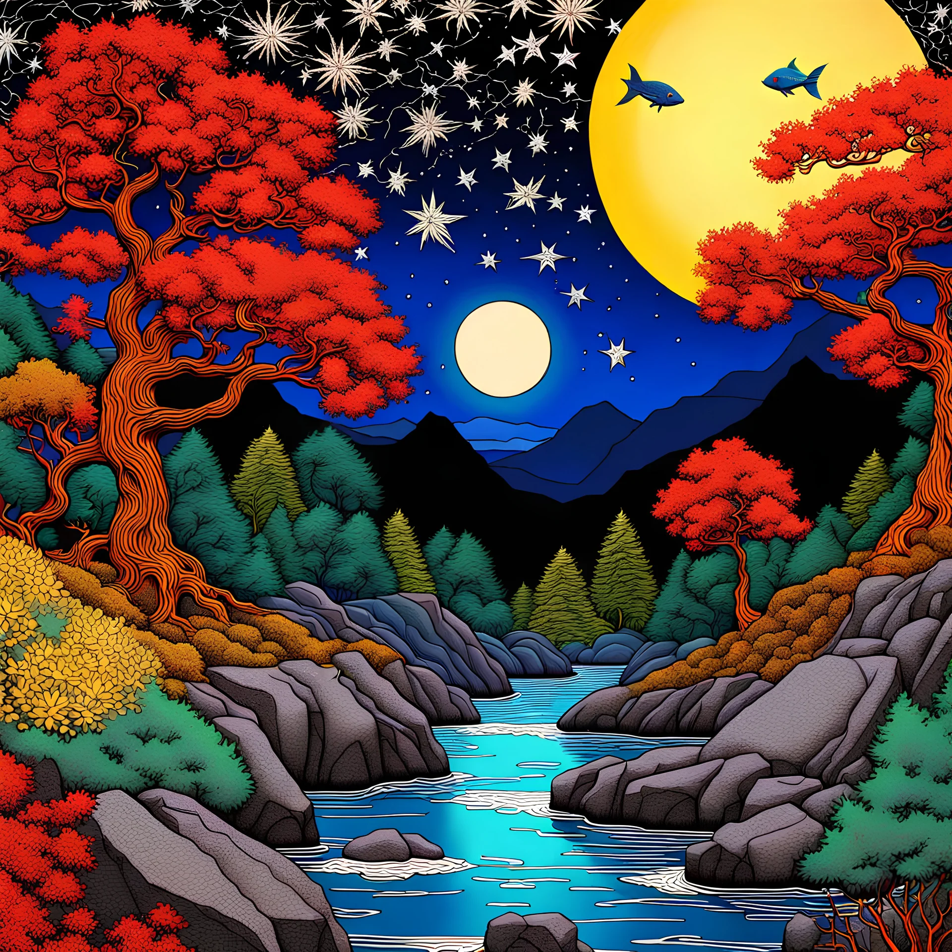 Colourful, peaceful, Max Ernst, Van Gogh, Hiroshige, night sky filled with stars, trees, rocks, waterfall, fish, one-line drawing, sharp focus, 8k, 3d, intricate, ornate