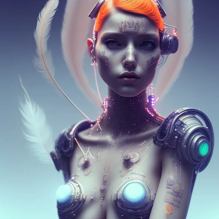 A beautiful portrait of a cute cyberpunk woman happy, grain on the skin, tribal tatoos, orange color scheme, high key lighting, volumetric light high details with white stripes and feathers full length clean art NFT, soft lighting, soft pastel gradients, high definition, blender 3d cinematic, op art, visionary art, sacred geometry, fractal, white balanced