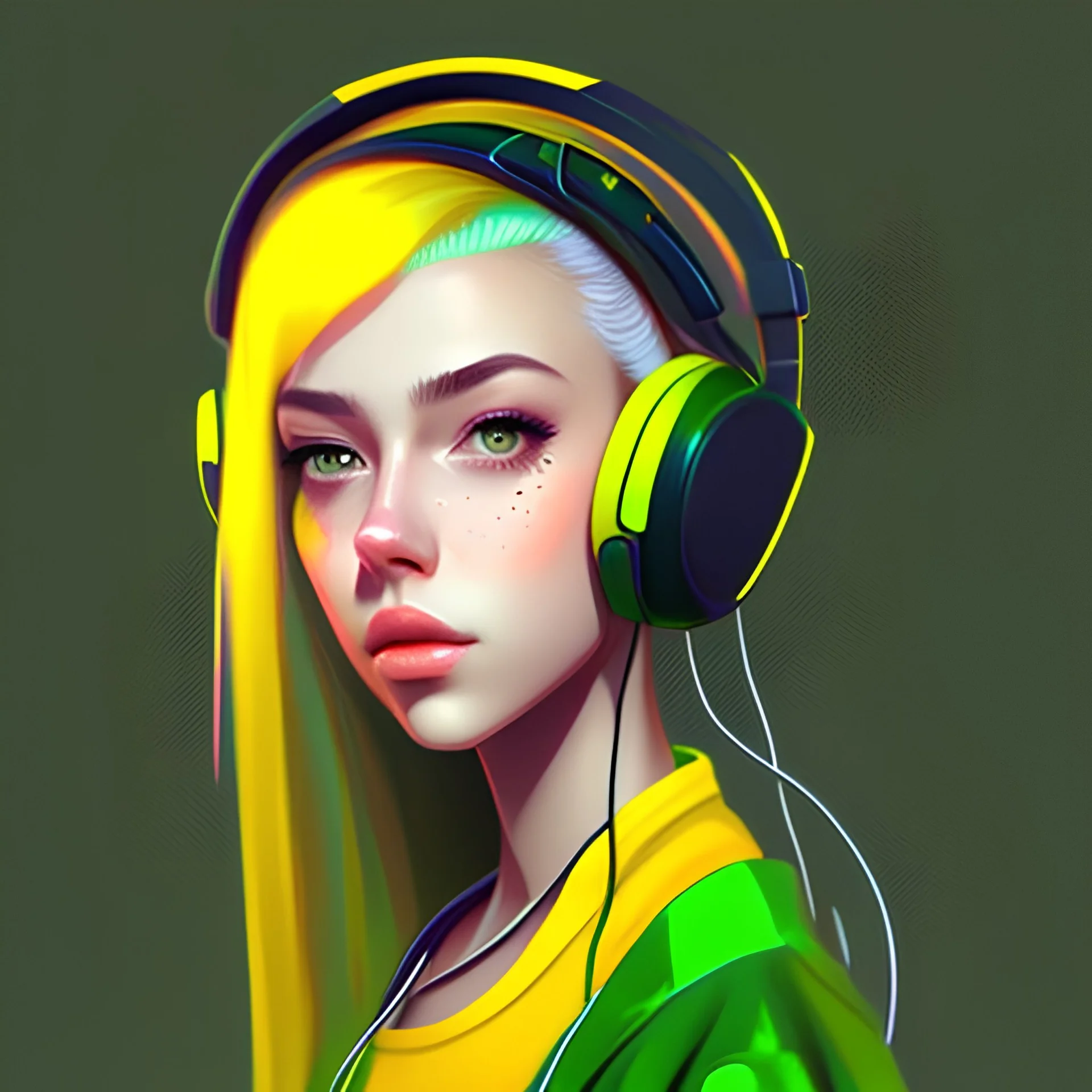 a beautiful girl with green to yellow hair, wearing headphones, digital art, masterpiece, trending on artstation