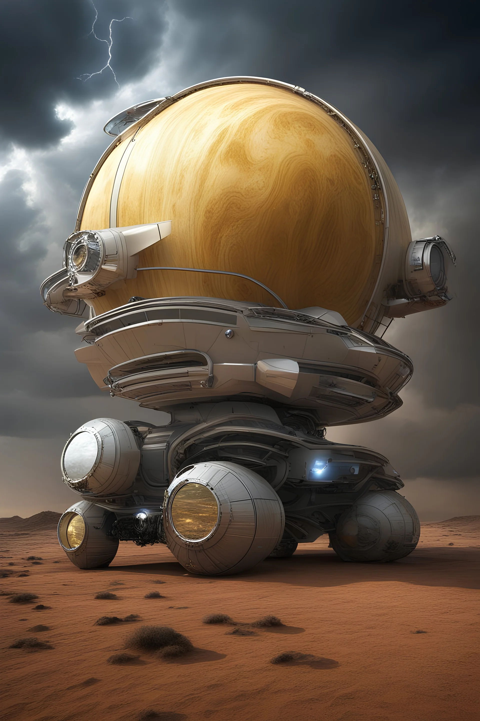 An advanced vehicle made for planet venus that has bright lights that can withstands strong storms and winds, sulfric acid rains