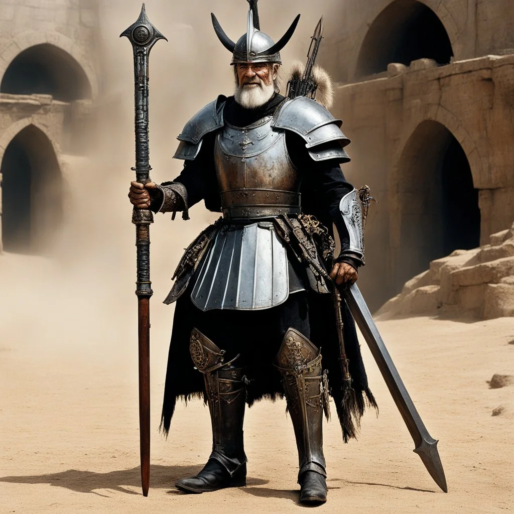 [high res photo by H.R. Giger] elder Don Quixote smiles, ready to fight with his tourney lance, in dust, rust and blood, his body is covered with cartridge belts