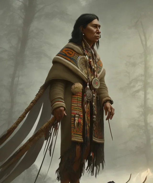 shaman, male native american, long black hair, black hooded coat like wings, 8k resolution concept art portrait by Greg Rutkowski