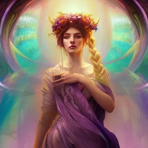 Queen of the light, a masterpiece, 8k resolution, fantasy concept art, Anna Dittmann, dynamic lighting, hyperdetailed, Splash screen art, trending on Artstation, deep color, Unreal Engine, volumetric lighting, Alphonse Mucha, Jordan Grimmer, purple and aqua complementary colours