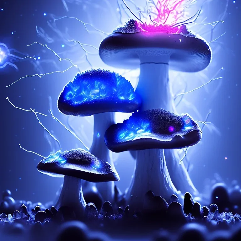 Spherical Frost metal magic armoured lightning glowing Mycelium MUSHROOM stars galaxy SPACE lANDSCAPE BURNING IN BLUE FLAMES hellfire abyss math chaos vivid cell