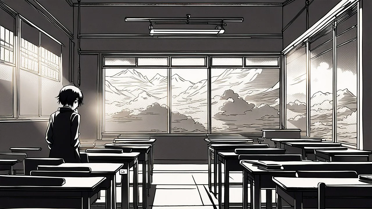 monochromatic japanese classroom with a shadowy figure looking out the window holding a transparent key emanating glow that colors the surroundings, anime