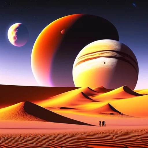 person alone in planet ,Dune-Desert Planet Arrakis: Image of a barren, sandy desert planet with two moons in the sky, conveying the harsh environment of Arrakis., Alexandro Jodorowsy Art,Juan Gimenez Art,Space Art,Sci-Fic Art,Dark Influence,NijiExpress 3D v2,Kinetic Art,Datanoshing,Oil painting,Ink v3,Splash style,Abstract Art,Abstract Tech,CyberTech Elements,Futuristic,Epic style,Illustrated v3,Deco Influence,Air Brush style,drawing