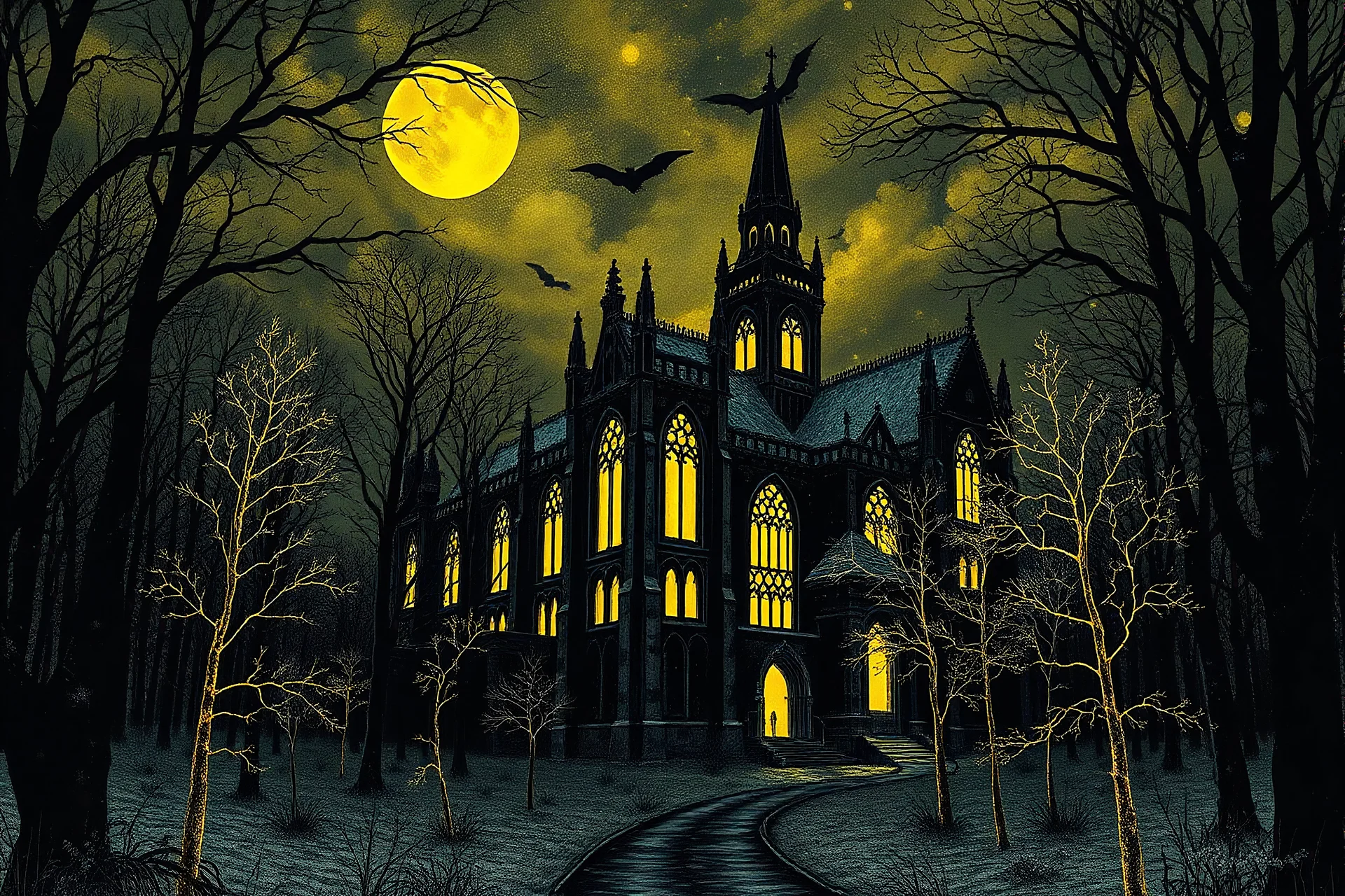 en eerie abandoned gothic cathedral in the midle of a creepy forest at night on black and glowing yellow wet inks with beautiful trees with lots of lacy figures on black canvas by Lotte Reiniger depicted in the perfect fractal style of Mandelbrot, Julia, Wassily Kandinsky, Alphonse Mucha, snowy, dramatic skyscape