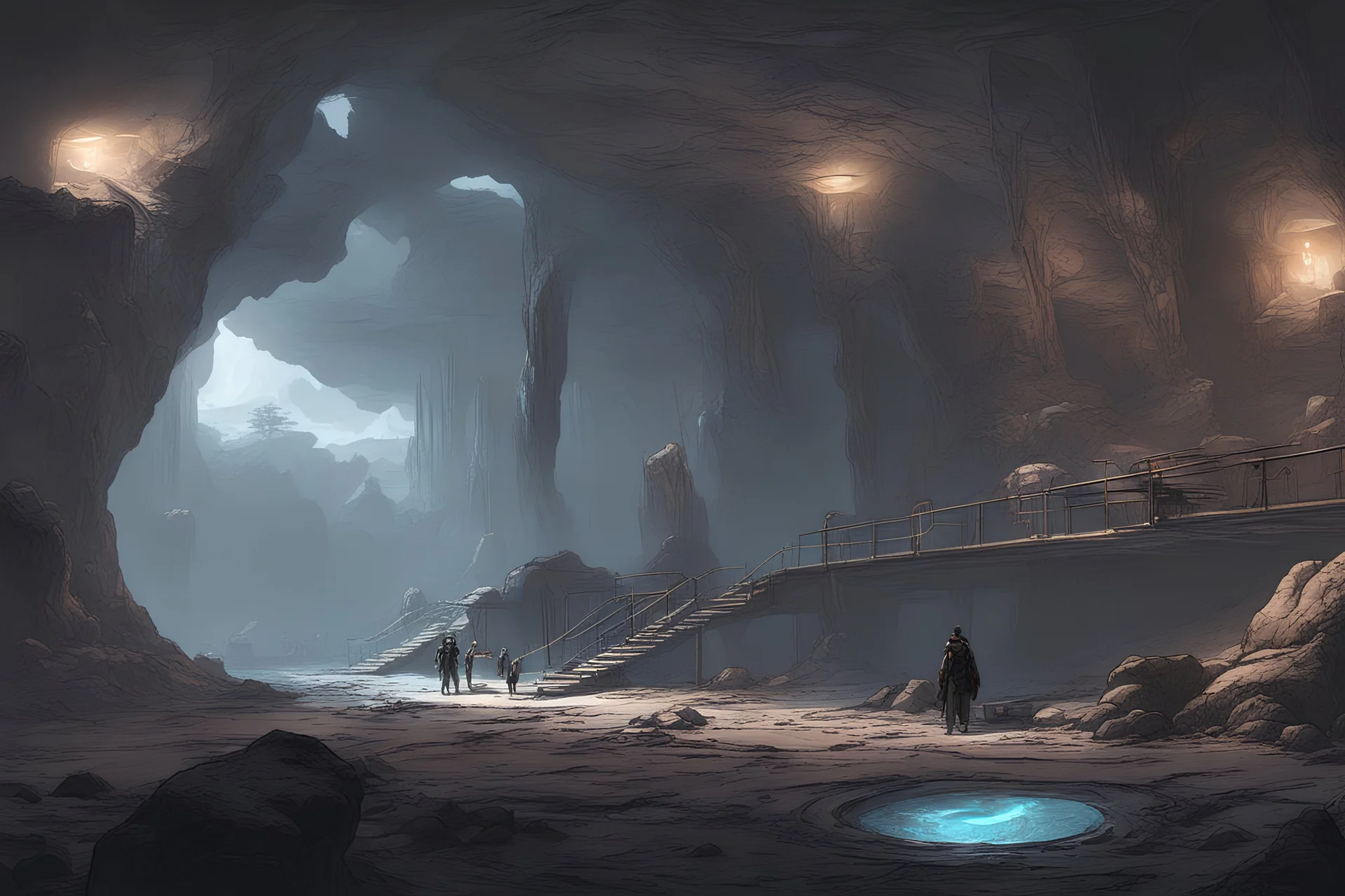 Concept art of an interior of a industrialize cave on a rocky planet