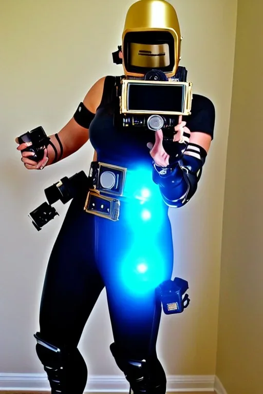 Metallic Cyber-punk style camera-mask. Large fencing mask covers cheeks. Trim girls. Reflective plastic body surface, golden skin, full-coverage. Head full of integrated old-fashioned cameras and old telephones. Golden to cyan surfaces body. Perfect body, thick thighs and calves. Selfie, Selfies, mirror. Wide hip. Camera lenses cover the body. Mathematical equations, Euclidean 3D-tiling, Escher tiling. Soviet propaganda in 1970's. Connected to the web, cables in head.