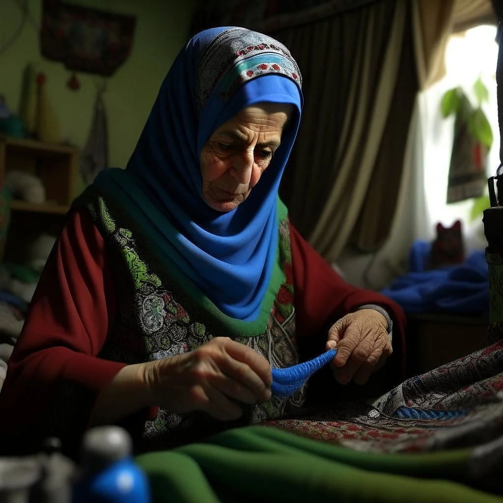 A Palestinian woman sews clothes for her children while they are playing around her