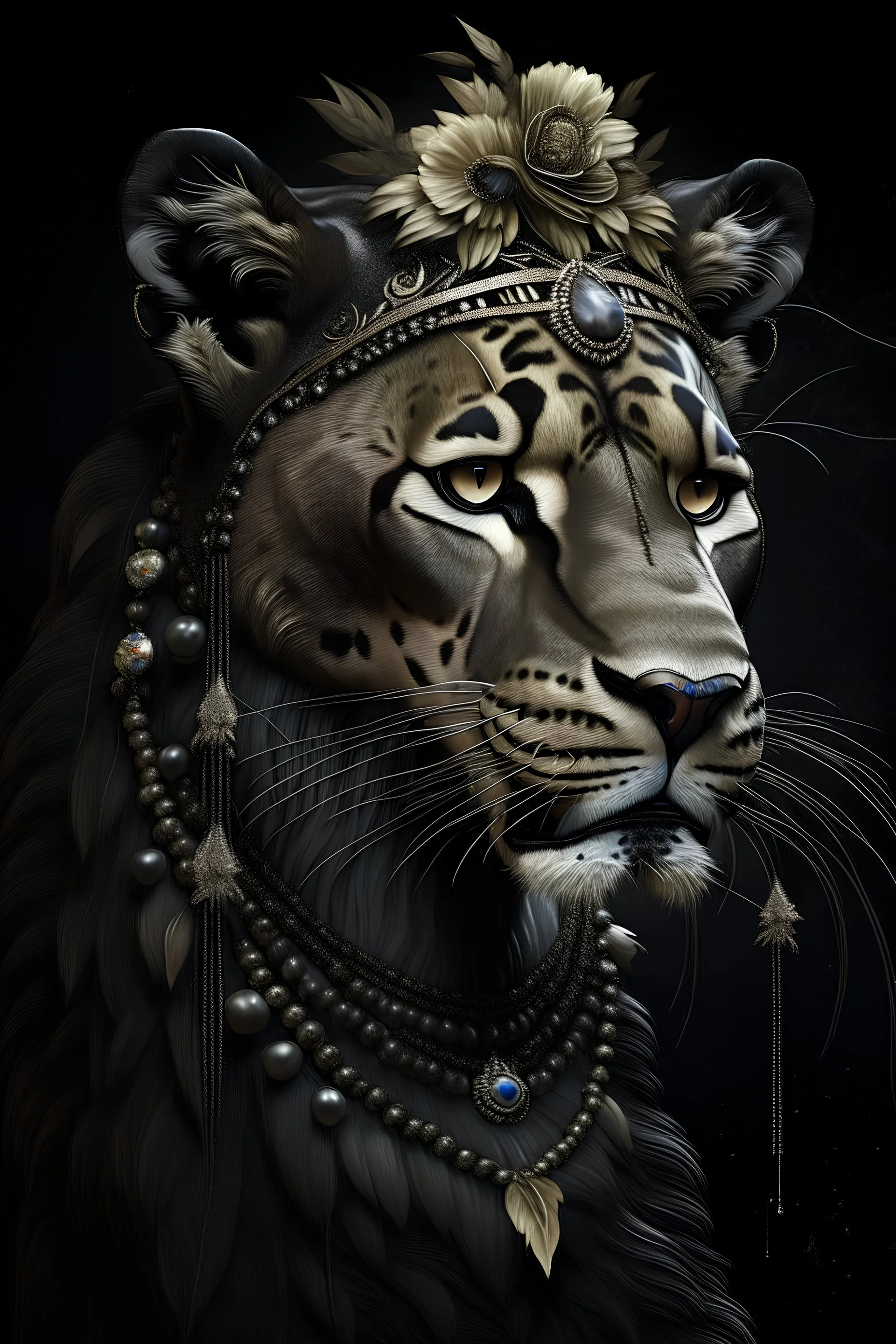 Beautiful decadent Mountain lion portrait, wearing decadent goth feathered shamanism headress with goth florals, adorned with goth lace chain effect ed decadent costume organic bio spinal ribbed detail of shamanism background extremely detailed hyperrealistic maximálist concept art