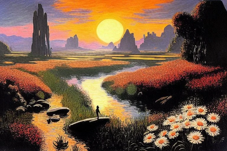 Beautiful epic sunset, logan's run 1976 movie influence, cosmic, people, rocks, holiday influence, river, flowers, very epic and philosophic, claude monet impressionism paintings