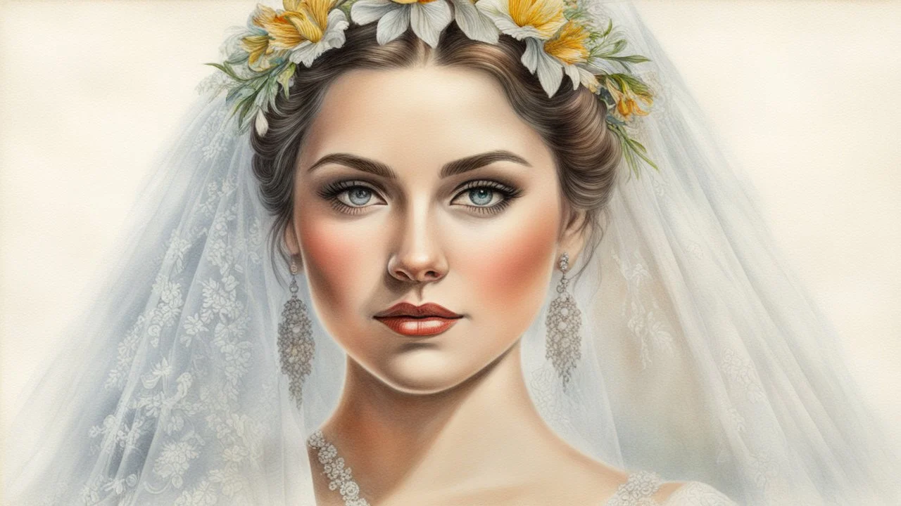 old postcard, white background, bride, colored pencil drawing, 3d, 64k, high resolution, high detail, computer graphics, hyperrealism, f/16, 1/300 sec. digital painting, double exposure,