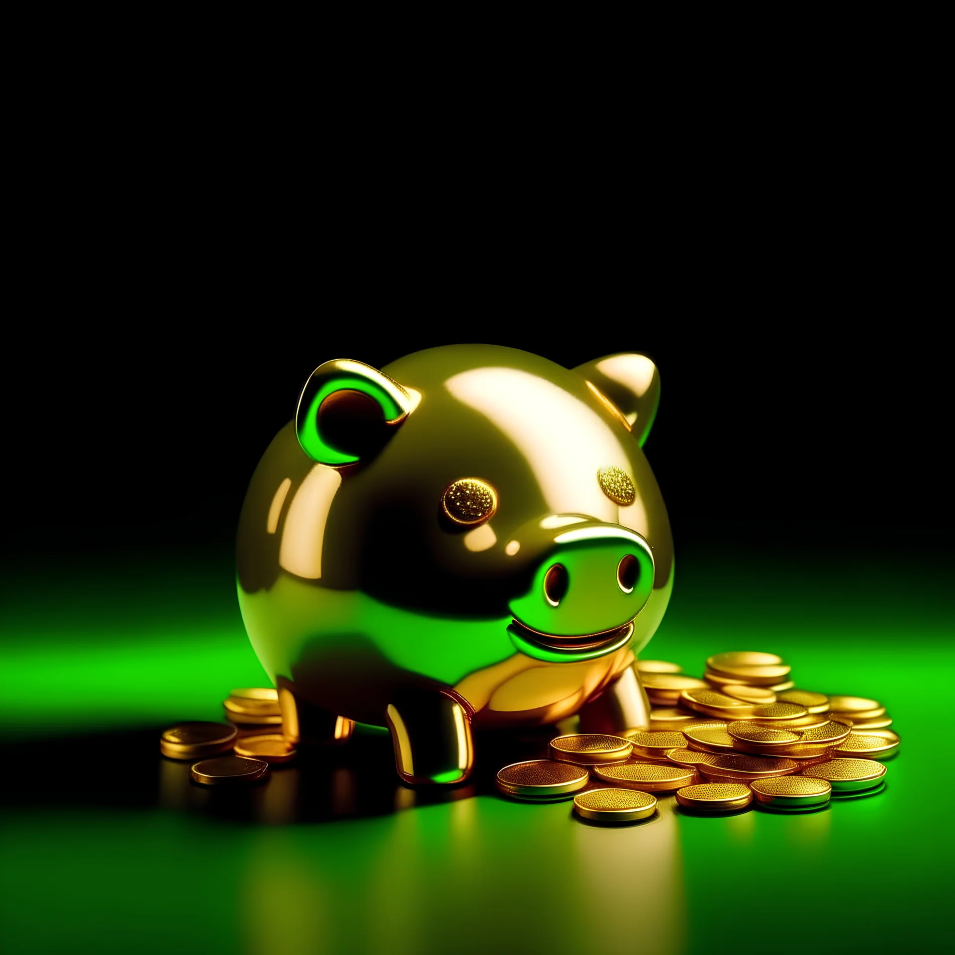 golden piggy bank, green coins