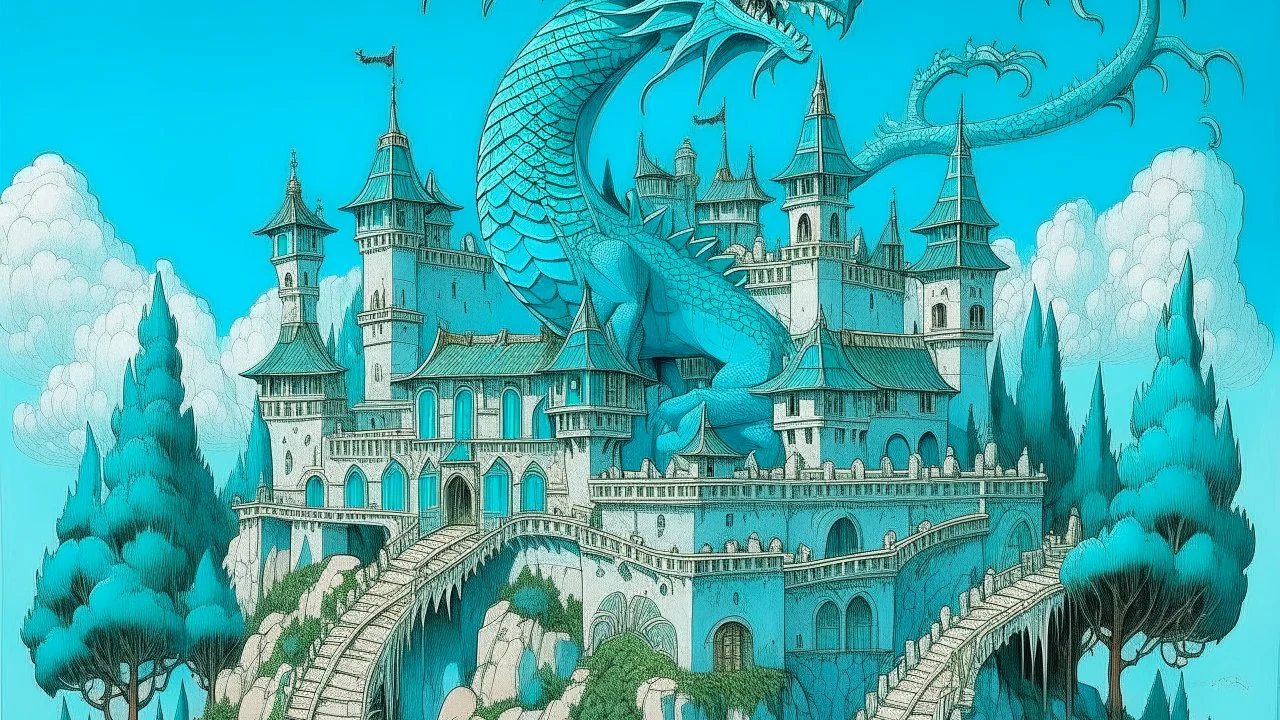 A cyan palace on a peak with a dragon guarding it designed in German folk art painted by MC Escher