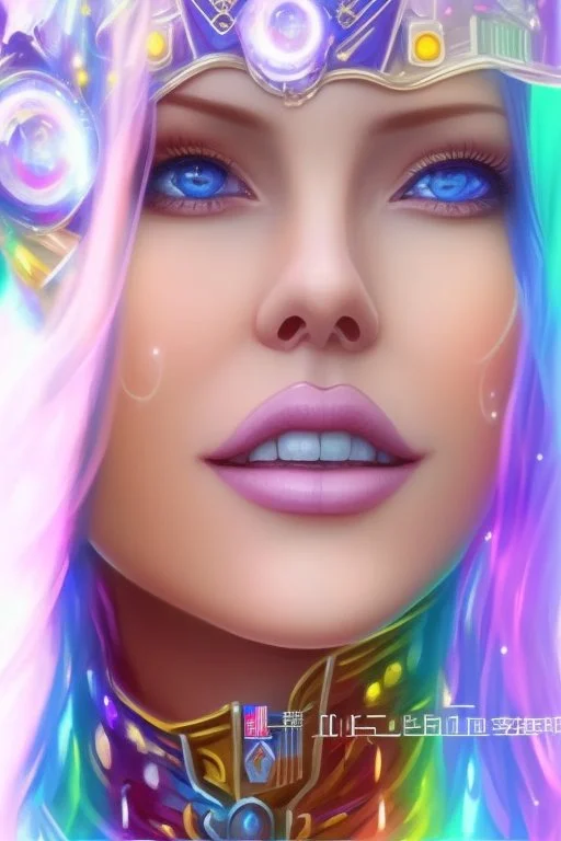 cosmic woman smile, admiral from the future, one fine whole face, crystalline skin, expressive blue eyes,rainbow, smiling lips, very nice smile, costume pleiadian, Beautiful tall woman pleiadian Galactic commander, ship, perfect datailed golden galactic suit, high rank, long blond hair, hand whit five perfect detailed finger, amazing big blue eyes, smilling mouth, high drfinition lips, cosmic happiness, bright colors, blue, pink, gold, jewels, realist, high commander,ufo rainbow