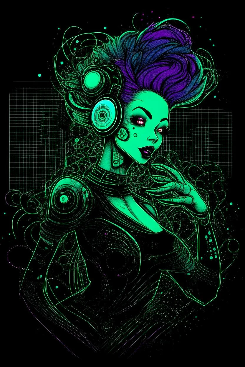 Create a whimsical and surreal dancing cyberpunk girl in the vector graphic style of Nirak1