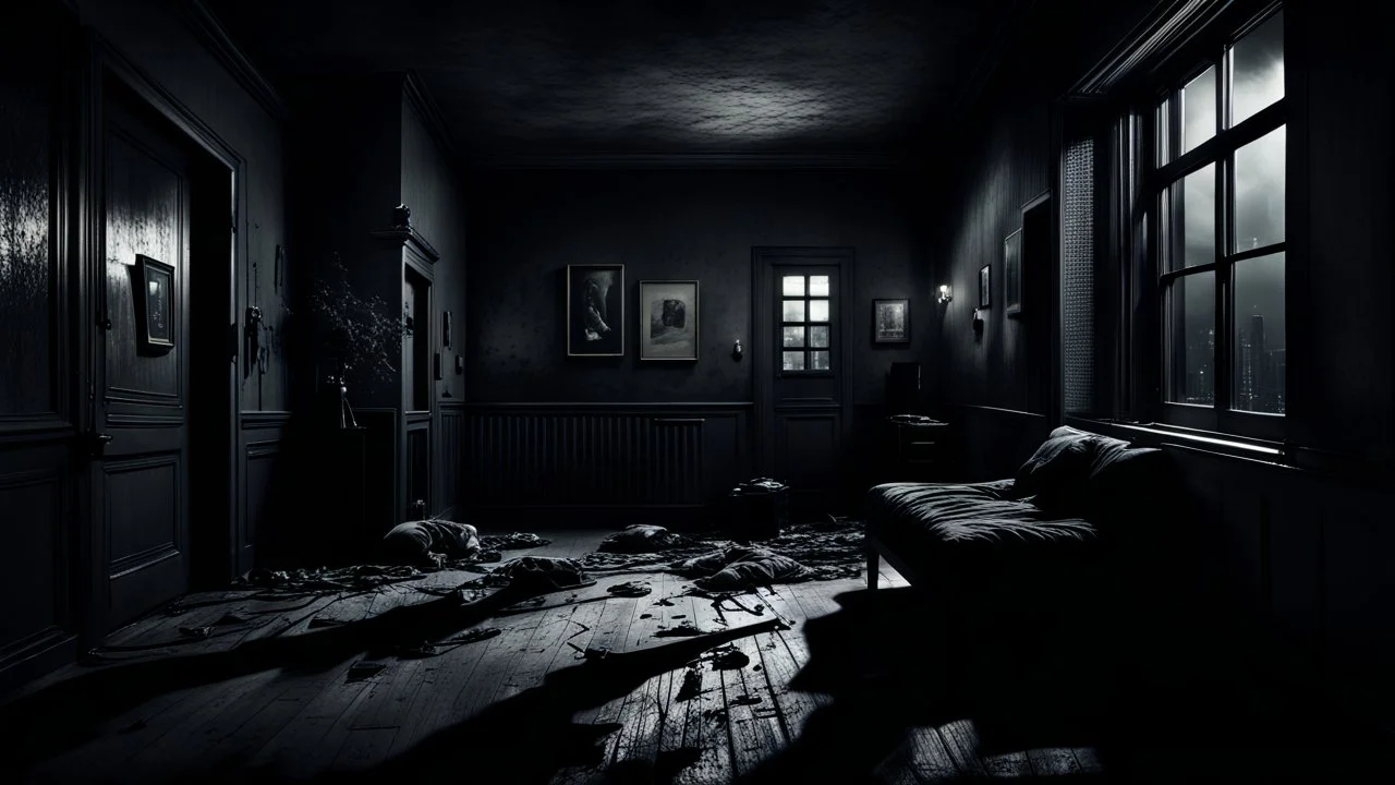 How could someone living on the second floor understand the misery of the one on the ground floor? high contrast, detailed, dark , noir, thriller, deep dark colors, gloomy, cinematic