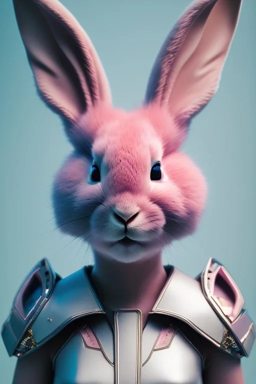 Portrait Sweet Rabbit ceramic mask, pink, cyan suit, photo studio, black background, unreal engine 5, concept art, ray tracing, lumen lighting, ultra detail, volumetric lighting, 3d.