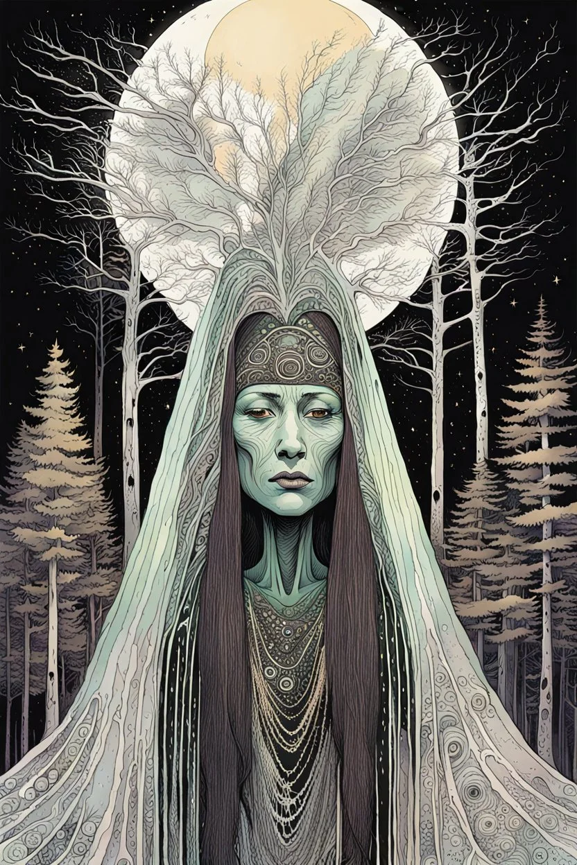 create an abstract expressionist lithograph of a ghostly tribal druid priestess, with highly detailed, delicate feminine facial features, inhabiting an ethereal Northern forest of ancient hemlocks, in the comic book style of Jean Giraud Moebius, David Hoskins, and Enki Bilal, precisely drawn, sharply defined, boldly inked, in the pale colors of the midnight moon