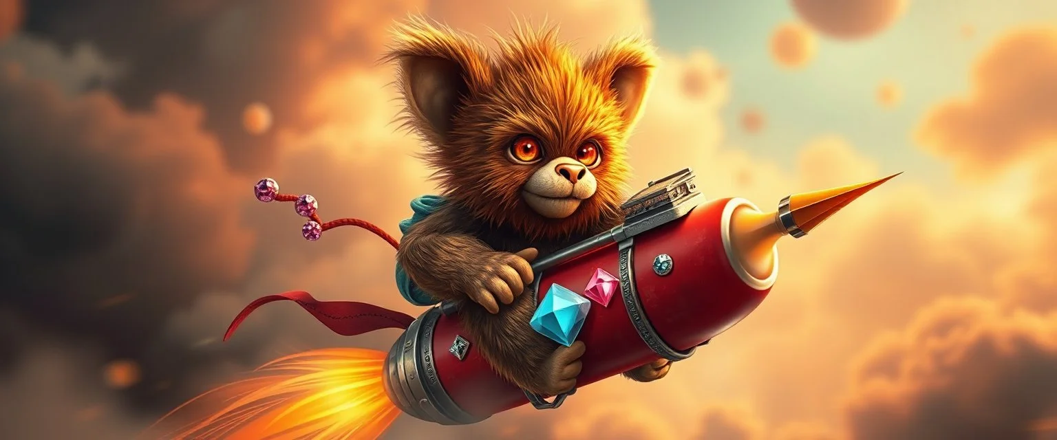hairy macho gremlin teddy bear living in a hi tech marvellous hot dog art graphics and gems on rocket with a mounted sling shot mega harpoon, heading for venus , background motion blur and smoke swirls