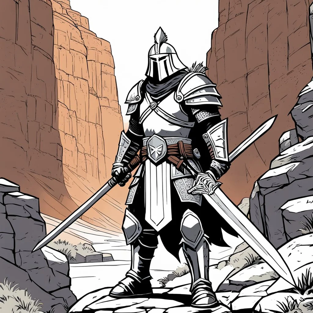 [comics Head Lopper style by Andrew MacLean] The hero, clad in plate armor, his two hands on the hilt of his zweihandsword, stands guard at the narrow passage in the canyon. Guard up, he knows he may die protecting the valley.The sun beats down mercilessly, casting harsh shadows across the rocky terrain. The hero's armor gleams in the sunlight, a beacon of strength and determination. His grip tightens on the hilt of his massive sword, ready to face whatever may come.