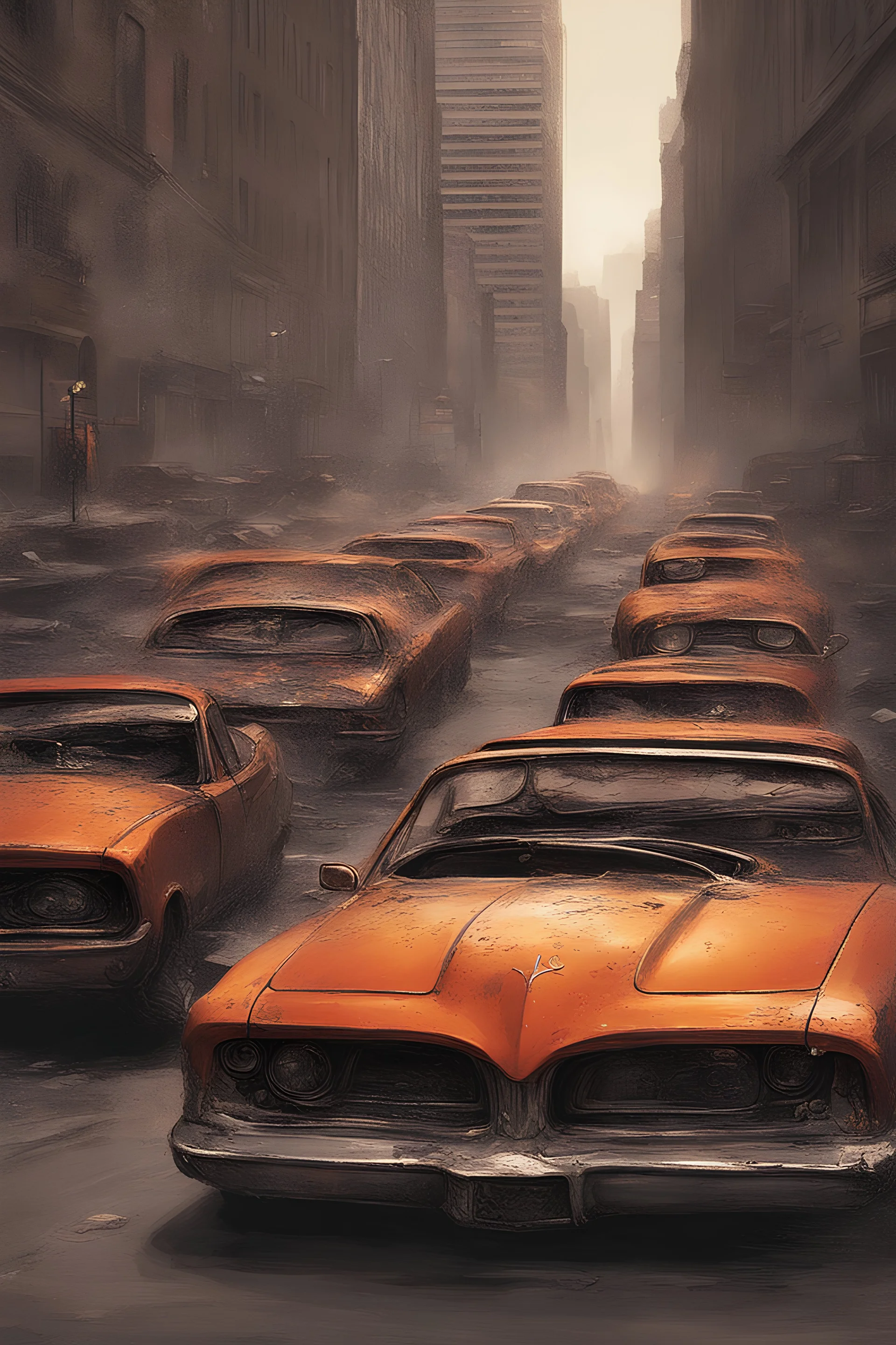 City ruined, flame cars