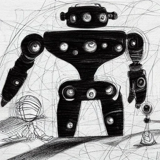 pen sketch of organic robot at the edge of the universe in surrealistic style