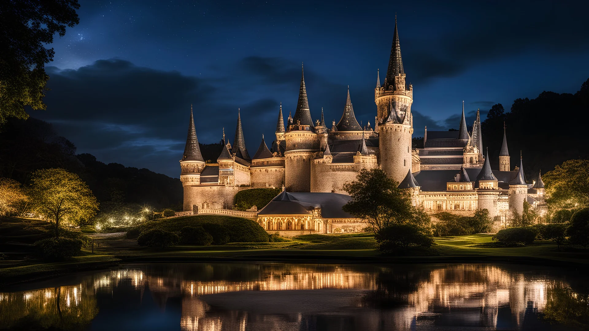 2084, delightful, sensitive, confident, undulating sinusoidal castle with pointed hyperbolic roofs, delicate, night, darkness, water features, exquisite architecture, innovative design, award-winning photograph, beautiful composition, filled with beautiful detail, delicate colour, chiaroscuro