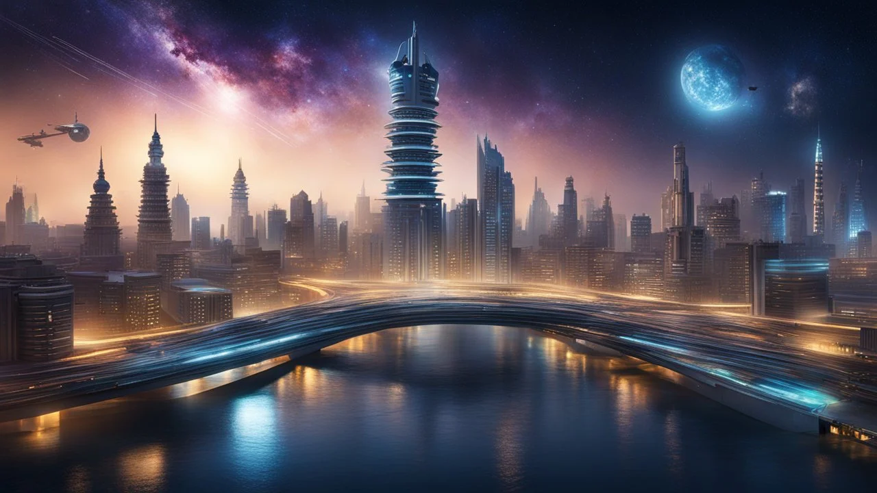 Generate a futuristic rendition of the Chennai skyline at night, with illuminated skyscrapers, glowing bridges, and sleek futuristic transportation systems and its floating in the Galaxy with islands