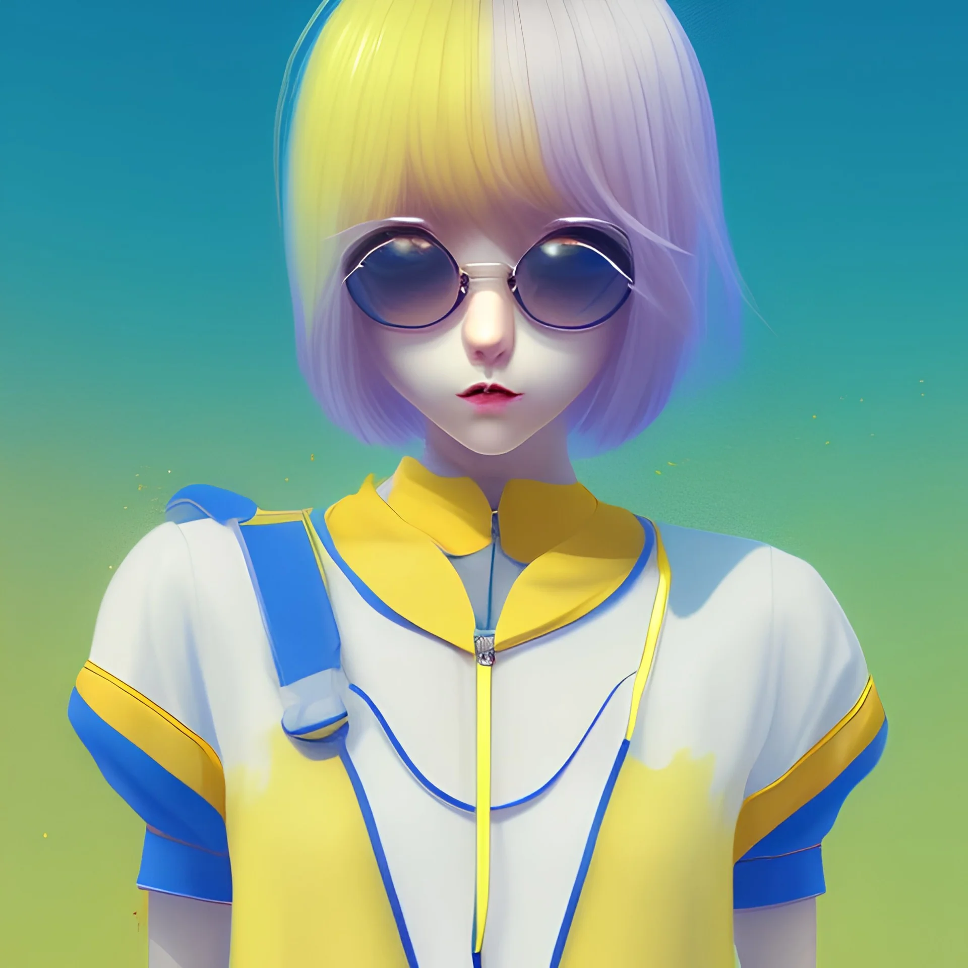 animegirl, bob cut, looking at viewer, arms behind back pose, blue short pants, yellow blouse with a knot on the bottom, lemon background, air bubbles, summer vibe, close up shot, ambiguous lines image, flat dimensional style, flat lines, rough drawing --ar 2:3