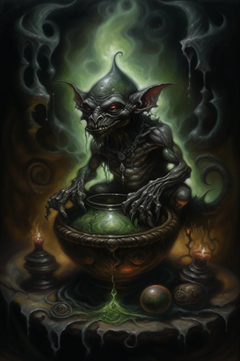 alchemists nightmare, Living cauldron with shining sigil, slightly demonic alien imp gargoyle gremlin rat in it, prize winning oil painting