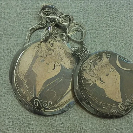 pendant in a form of two conjoined silver coins, watercolor, large strokes, artwork, fantasy