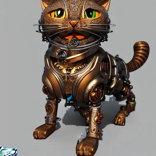 character render of mechanical tabby cat, intricate, ultra-fine detailed, steampunk, ornate, 8k, ultraHD, high-quality, 3d, realistic, trending on artstation, midjourney style, elaborate, Flickr