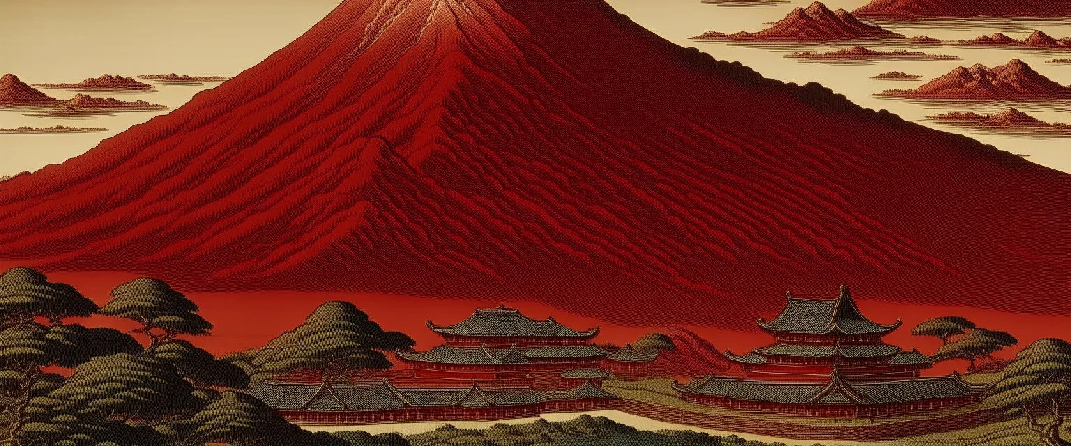 A dark red palace near a volcano painted by Katsushika Hokusai