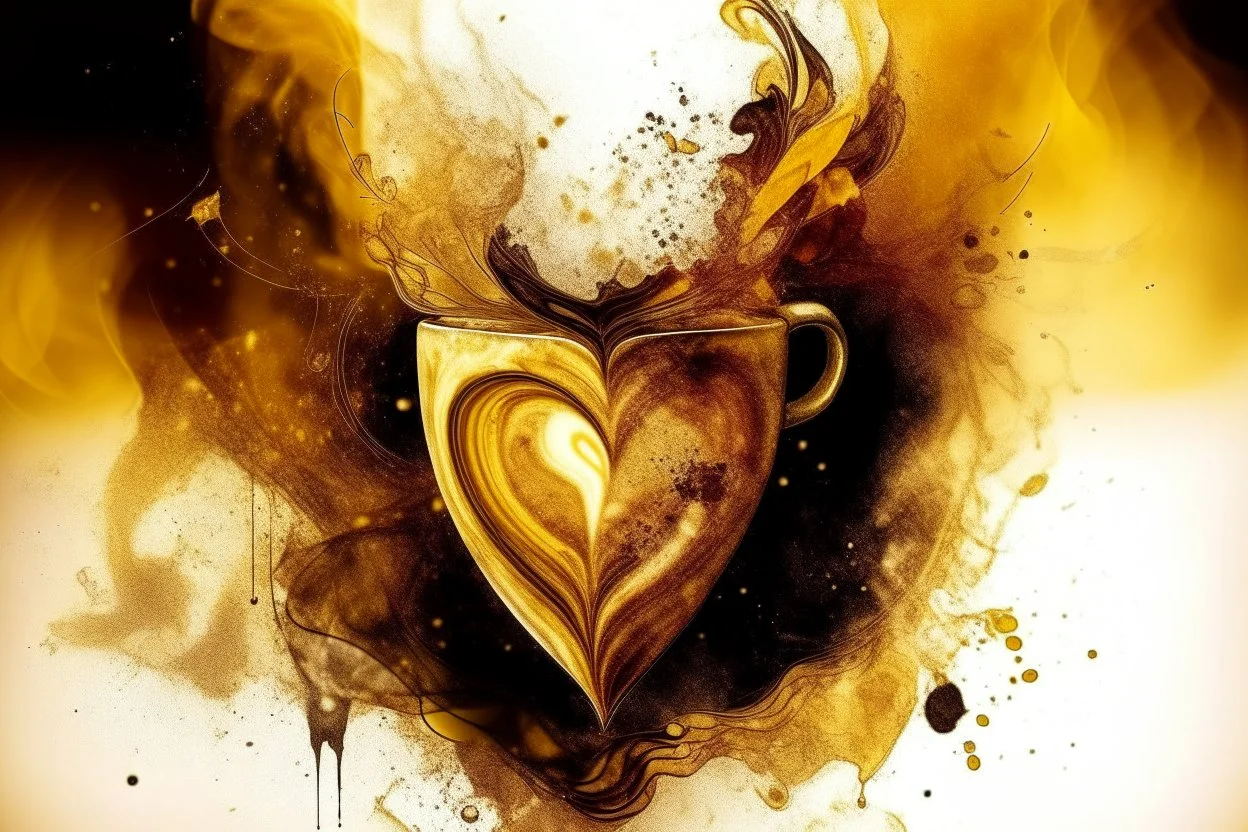 double exposure, merged layers, fireplace with dynamically blazing fire in coffee color, ink splatter art, watercolor and ink, golden glitters, double exposure heart and love