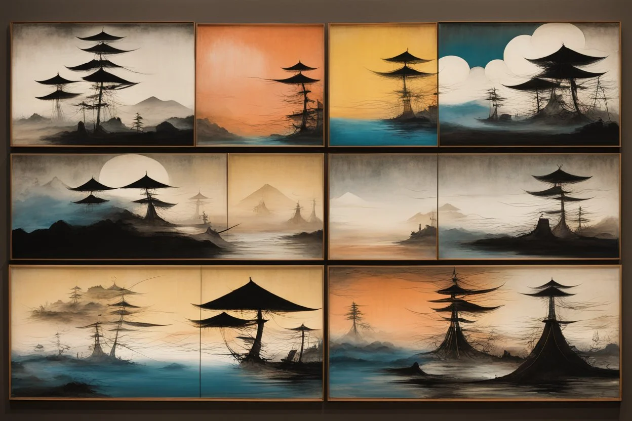 Japanese misty fishing junk, multi-tiered landscape on a sliding multi-panel bamboo canvas, abstract surrealism, by Graham Sutherland and Colin McCahon and Utagawa Hiroshige, silkscreened mind-bending illustration; asymmetric, warm colors, dark side, by andy Kehoe, color splash