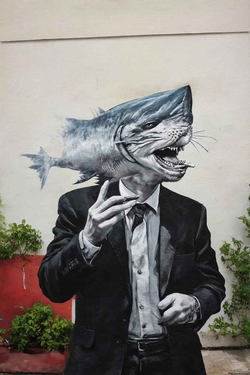 man with catfish shark head smoking a cigarrette in the style of banksy