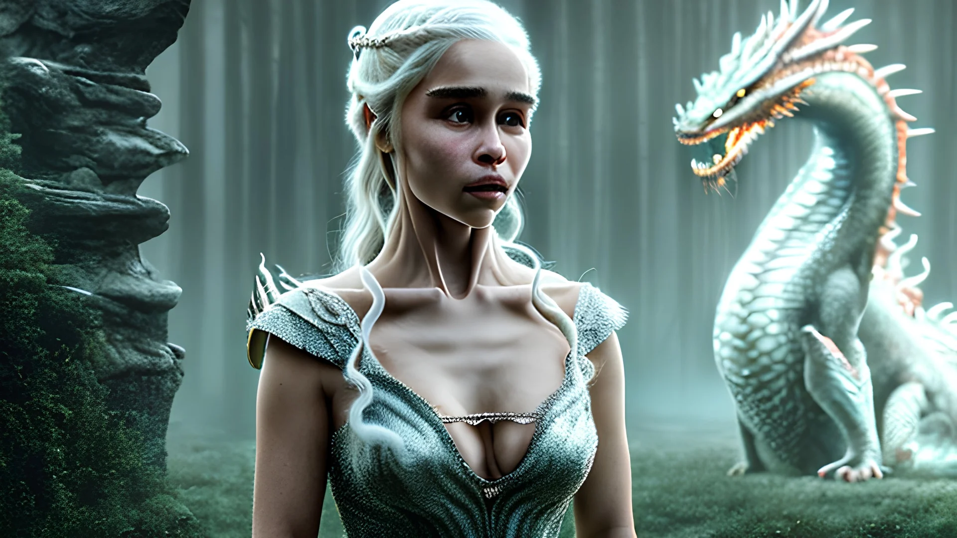 whole body image of beautiful Daenerys Targaryen in a mystical enchanted forest standing next to a dragon, HD 8K, sharp detail, hyperrealistic photo accurate face and features, cinematic lighting